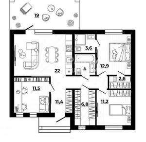 Дом 114м², 1-этажный, участок 6 сот.  