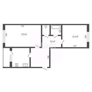 2-к квартира, вторичка, 54м2, 1/5 этаж